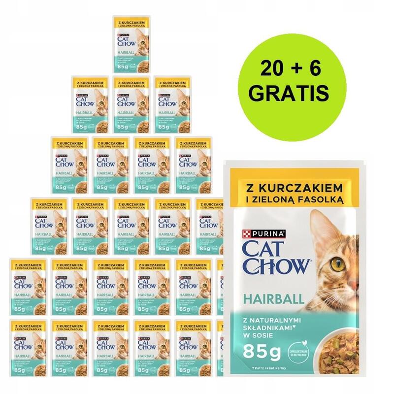 Purina Cat Chow Hairball Control With Chicken And Green Beans In Sauce - Comida Húmeda Para Gatos - 26x85g (20 + 6 Gratis)