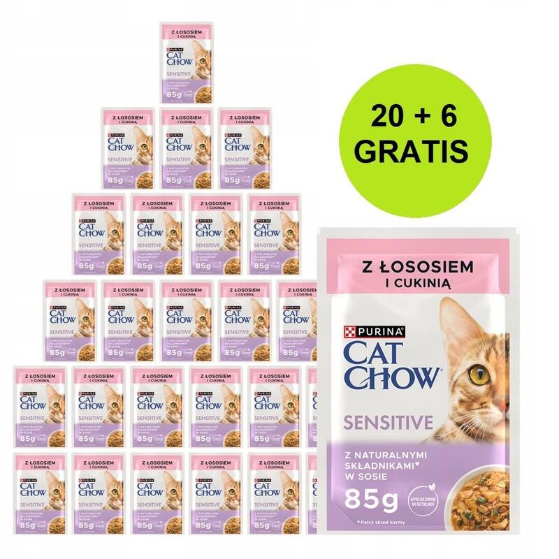Purina Cat Chow Sensitive With Salmon And Zucchini In Sauce - Comida Húmeda Para Gatos - 26x85g (20 + 6 Gratis)