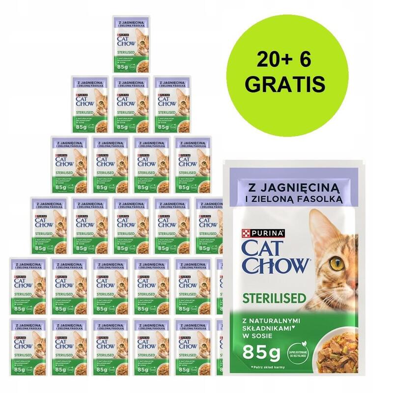 Purina Cat Chow Sterilised With Lamb And Green Beans In Sauce - Comida Húmeda Para Gatos - 26x85g (20 + 6 Gratis)