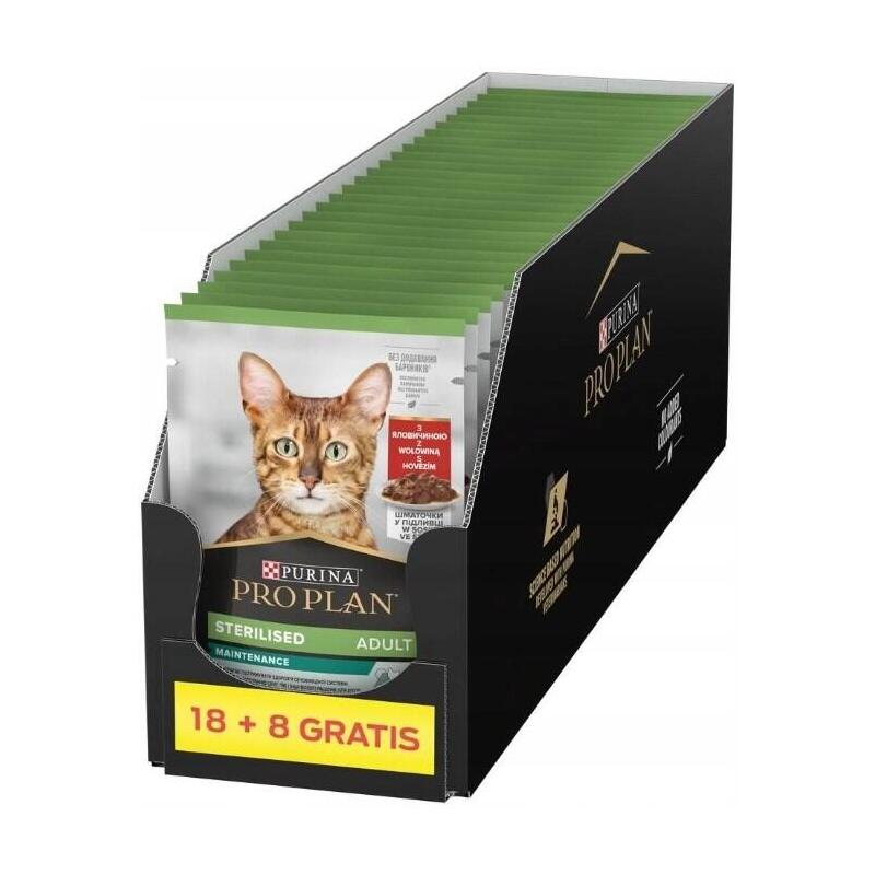 Purina Pro Plan Sterilised Adult Maintenance Pieces With Beef In Sauce - Comida Húmeda Para Gatos - 26x85g (18 + 8 Gratis)