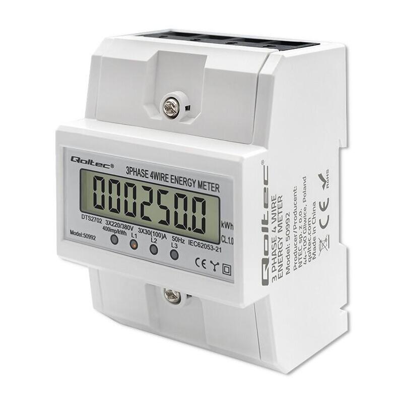 Qoltec 50900 Three Phase Electronic Energy Consumption Meter 230v Lcd 4p Din Rail
