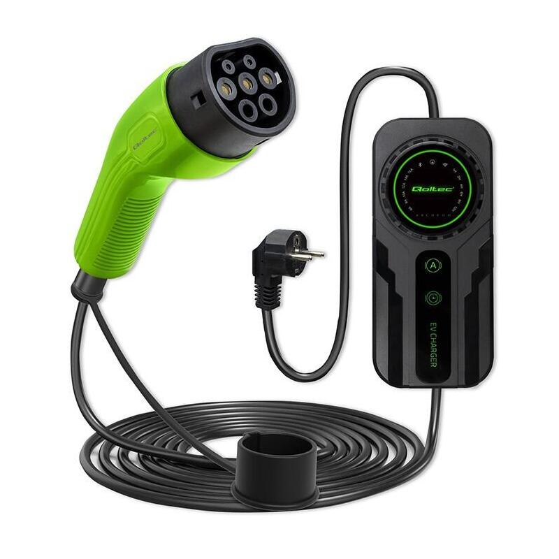 Qoltec 52468 Mobile Charger For Ev 2in1 Type2 With Regulation Schuko 3.5kw 230v Lcd Portable Wallbox 5m