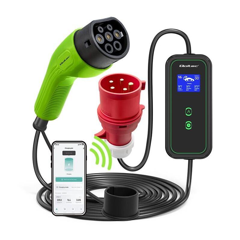 Qoltec 52478 Mobile Ev Charger With Adjustable 2in1 Type2 11kw Cee 5 Pin Wifi Lcd 3 Phase Portable Wallbox 5m