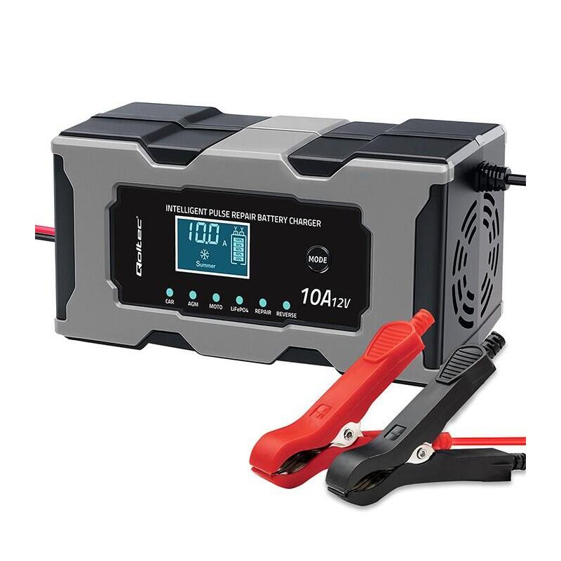 Qoltec 52493 Cargador De 12 V 10 A Rectificador Con Función De Reparación Para Baterías Agm Gel Lifepo4 Lcd