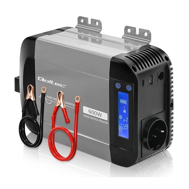 Qoltec Pure Sine Wave Inverter 12v To 230v 300 600w Lcd Usb Usc-C Compatible With Lifepo4 Gel Agm