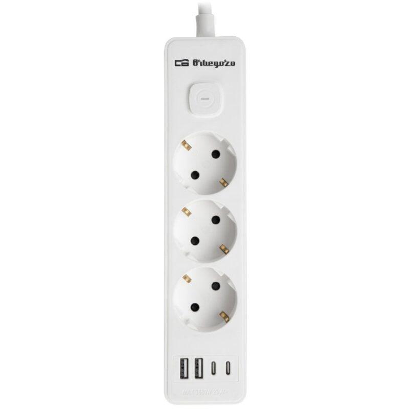 Regleta Con Interruptor Orbegozo En 3100 3 Tomas De Corriente 2 Usb 2 Usb Tipo-C Cable 1.4m Blanca