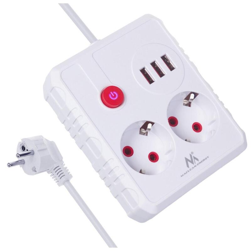 Regleta De Enchufes Maclean, Cable Alargador 2 Tomas + 3xusb, 110-240 V Ca 50/60 Hz, 2,1 A Máx. 2500 W, 3 M, Blanco, Mce388 W