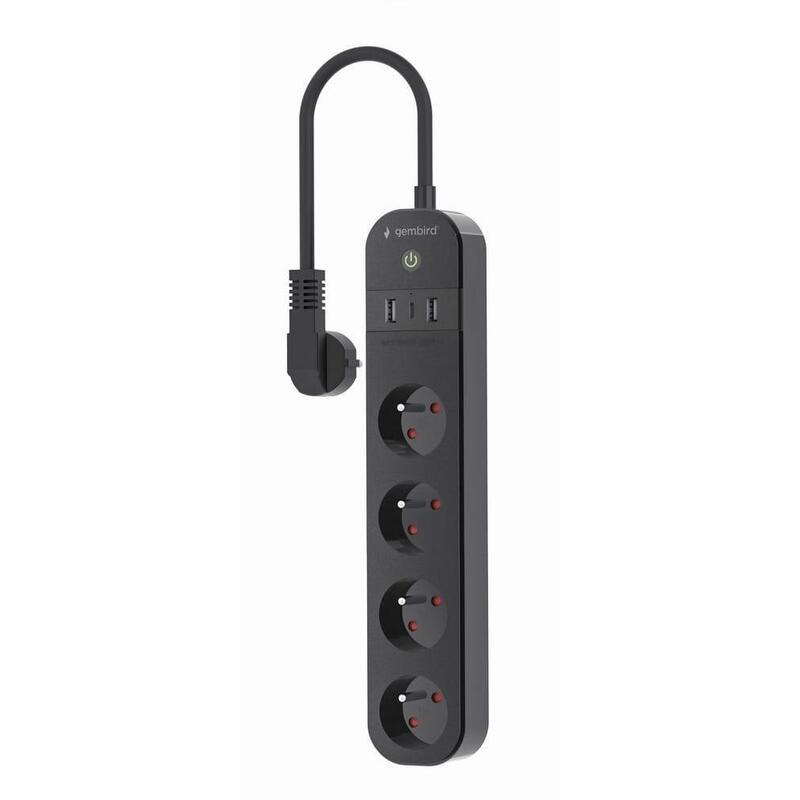 Regleta Inteligente Gembird Con Cargador Usb Y Medidor De Potencia, 4 Tomas Francesas, Color Negro