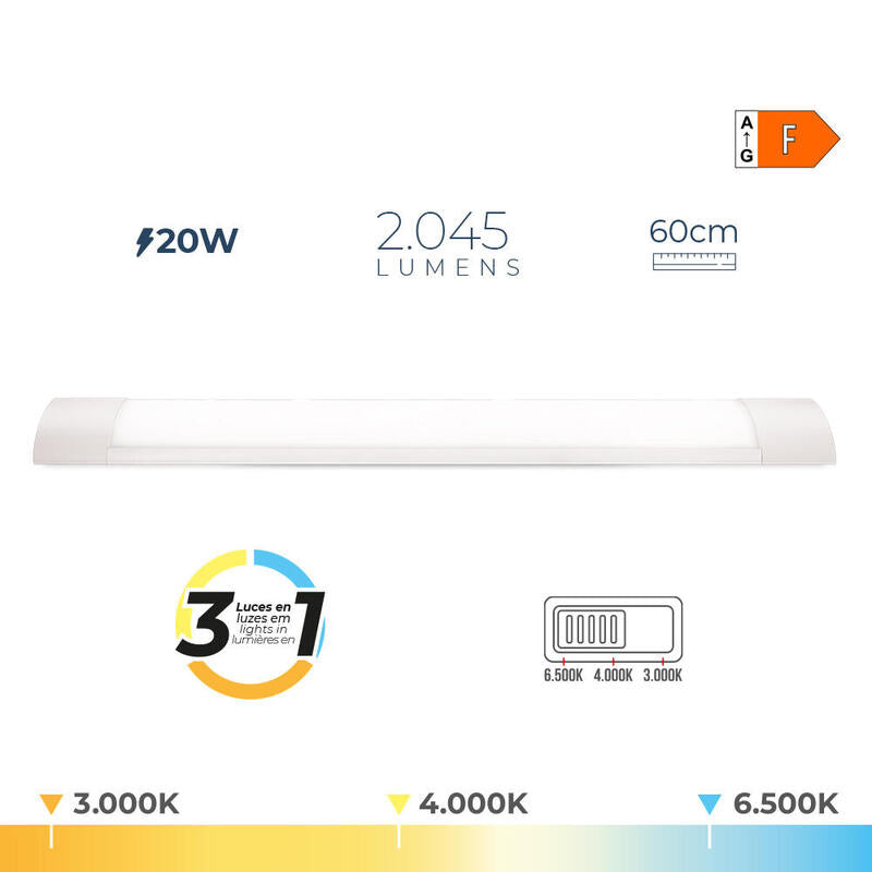 Regleta Led 20 W Temperatura De Luz Variable 6500 K / 4000 K / 3000 K 2045 Lm, 60 X 2,6 X 7,4 Cm