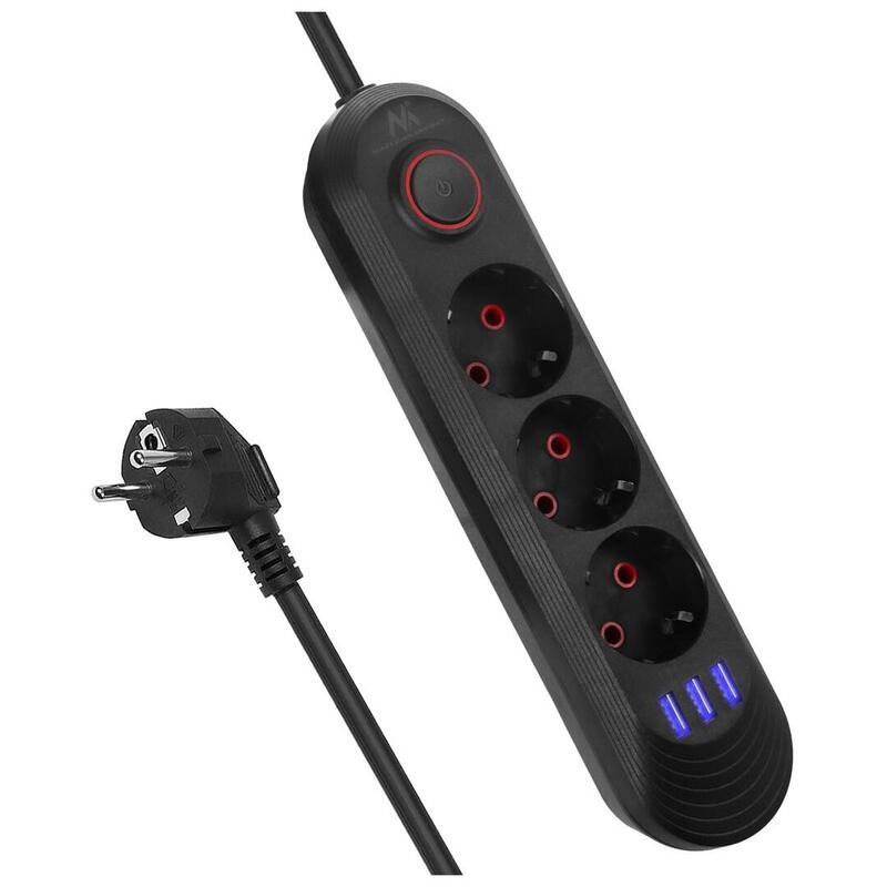 Regleta Maclean, Cable Alargador De 3 Enchufes + 3 Usb, 110-240 V Ca 50/60 Hz, 2,1 A Máx. 2500 W, 1,5 M, Negra, Mce394 B