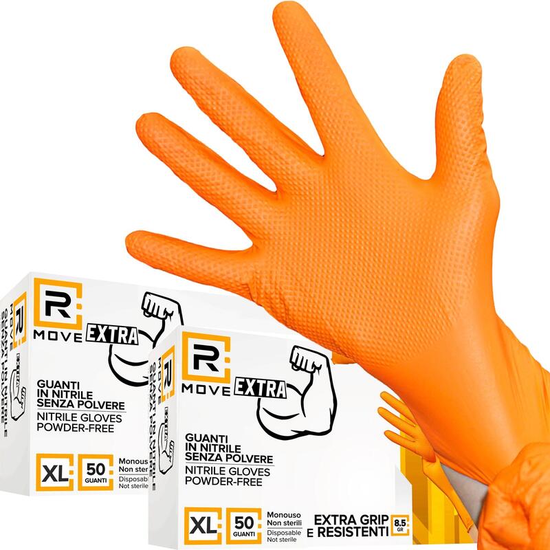 Rmove 1conf. Da 100pz Tg.Xl 8.5gr Da Lavoro - Guanti Nitrile Arancione Senza Polvere Full Grip