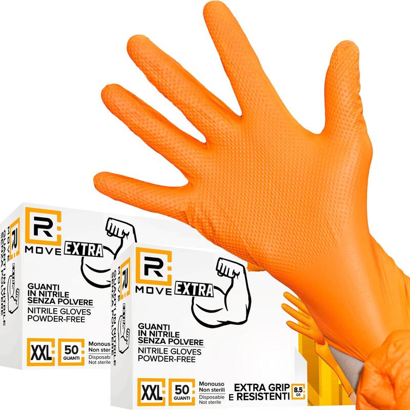 Rmove 1conf. Da 100pz Tg.Xxl 8.5gr Da Lavoro - Guanti Nitrile Arancione Senza Polvere Full Grip