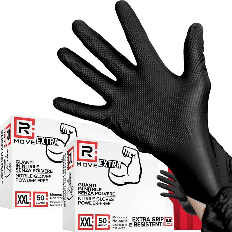 Rmove 1conf. Da 100pz Tg.Xxl 8.5gr Da Lavoro - Guanti Nitrile Nero Senza Polvere Full Grip