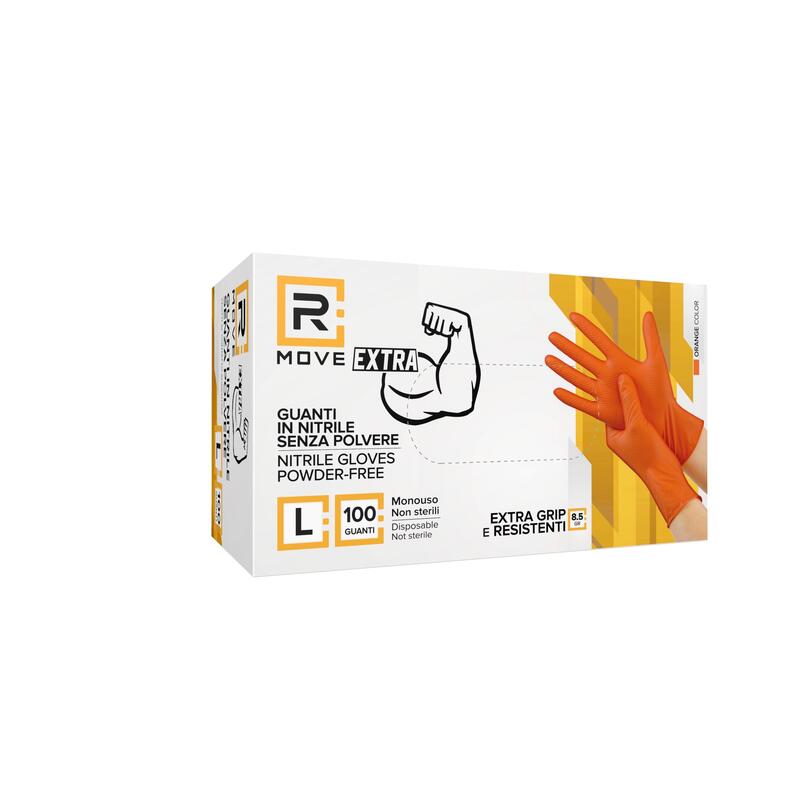 Rmove 1conf. Da 50pz Tg.L 8.5gr Da Lavoro - Guanti Nitrile Arancione Senza Polvere Full Grip