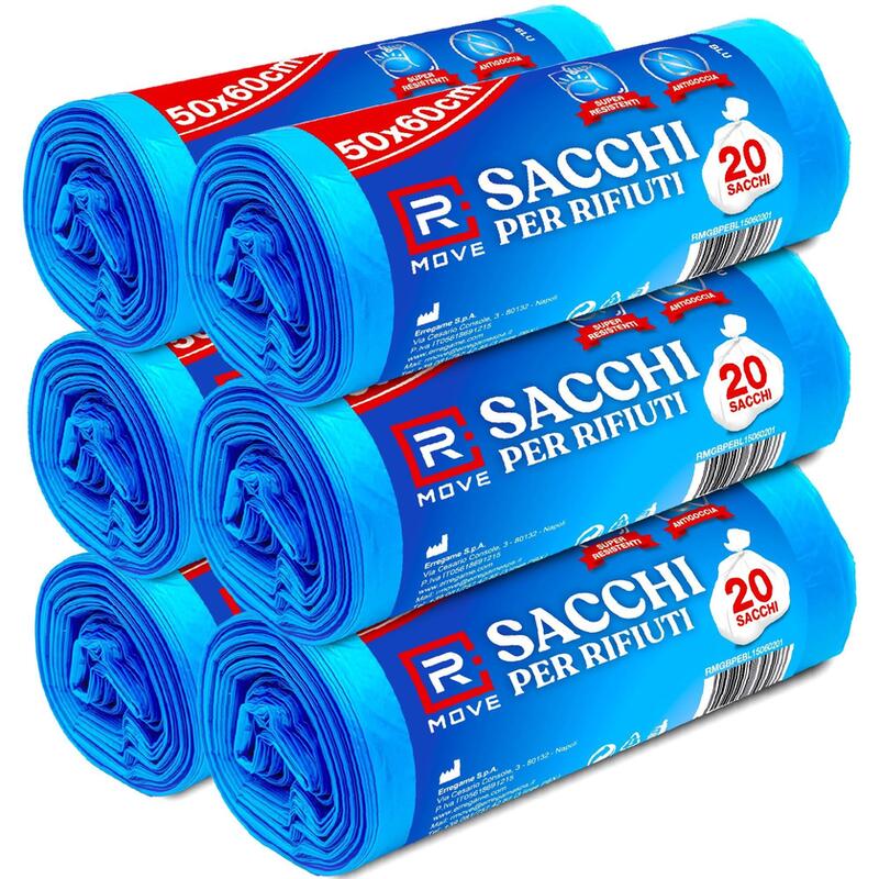 Rmove Sacchi Rifiuti 50x60 Cm 6 Rotoli Da 20 Sacchi Blu