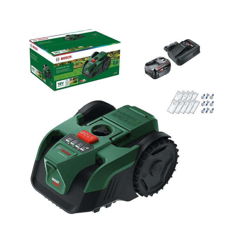 Robot Cortacésped A Batería Visimow18v-100 De Bosch (Para Superficies De Hasta 100 M², Anchura De Corte: 16 Cm, Altura De Corte 20-60 Mm, Con Cuchillas De Repuesto, Incl. Batería Y Cargador) 06008e1002