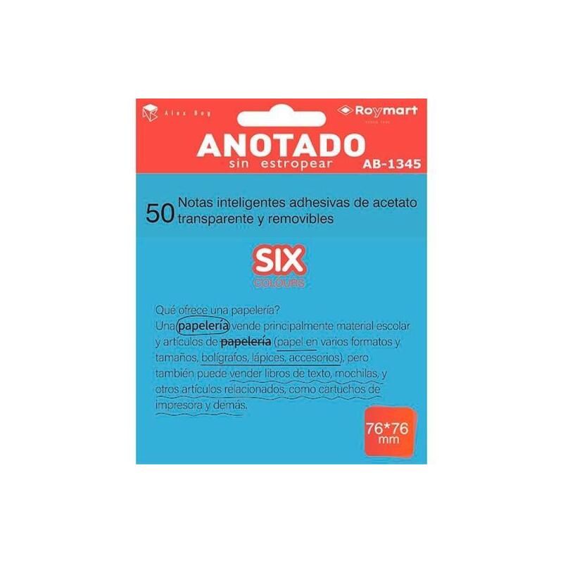 Roymart Bloc Notas Adhesivas Inteligentes Removibles Transparentes 50h 76x76mm Acetato Azul Flúor