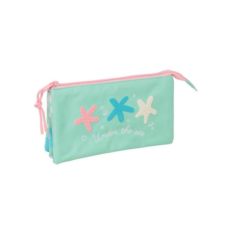 Safta Estrellas Portatodo - 3 Compartimentos Con Cremallera - Bolsillo Interior Central - 22x12x3cm - Verde