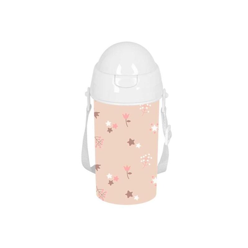 Safta Flores Botella De 500ml - Pvc Sin Bpa - Pajita Interior - 73x73x195mm - Rosa Pastel