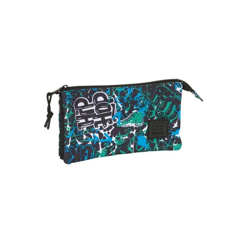Safta Graffiti Go Portatodo - 3 Compartimentos Con Cremalleras - Bolsillo Interior - 0.60l - 220x30x120mm - Azul