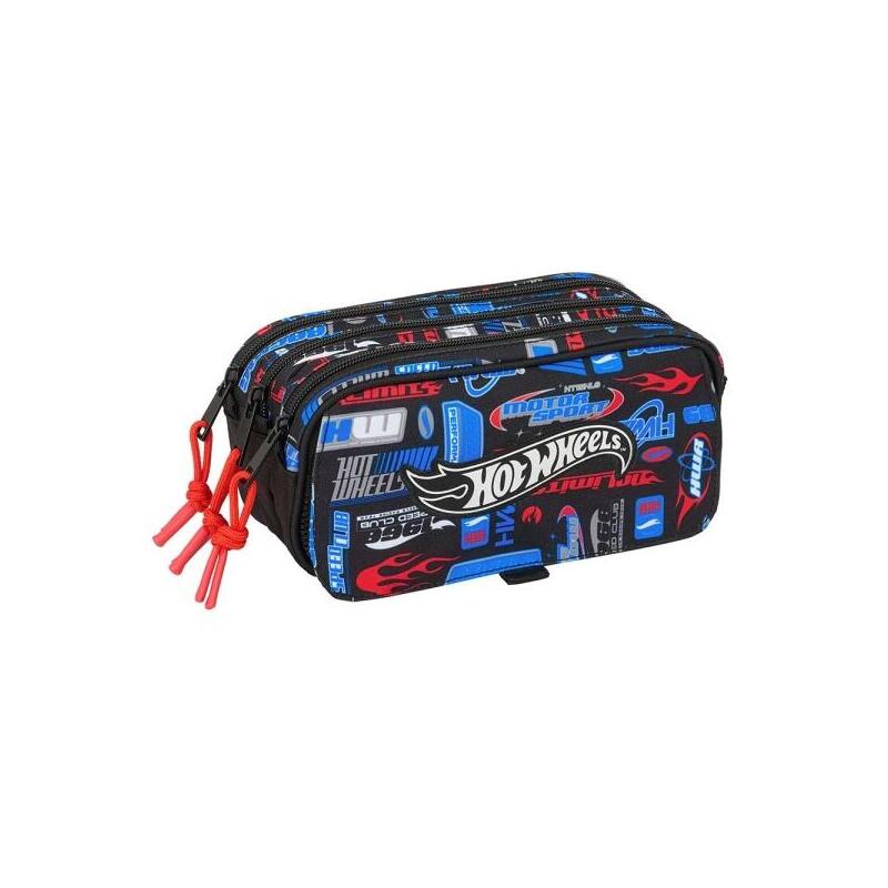 Safta Hot Wheels Portatodo - 3 Compartimentos Con Cremalleras - Bolsillo Frontal - Cinta Adaptable - 1.72l -