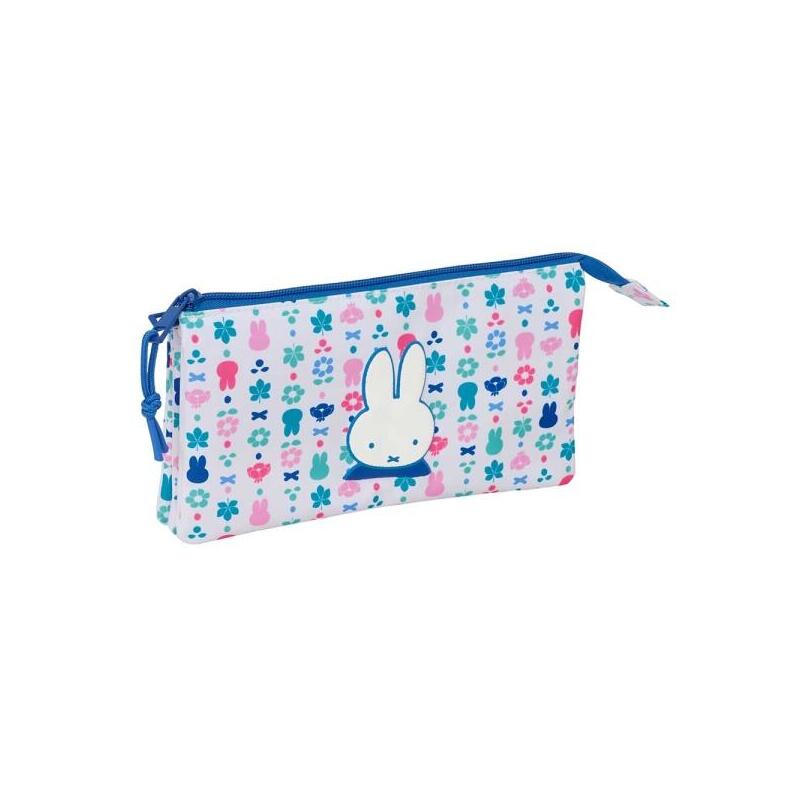 Safta Miffy Bunny Portatodo - 3 Compartimentos Con Cremallera - Bolsillo Interior Central - 22x12x3cm - Blanco Y