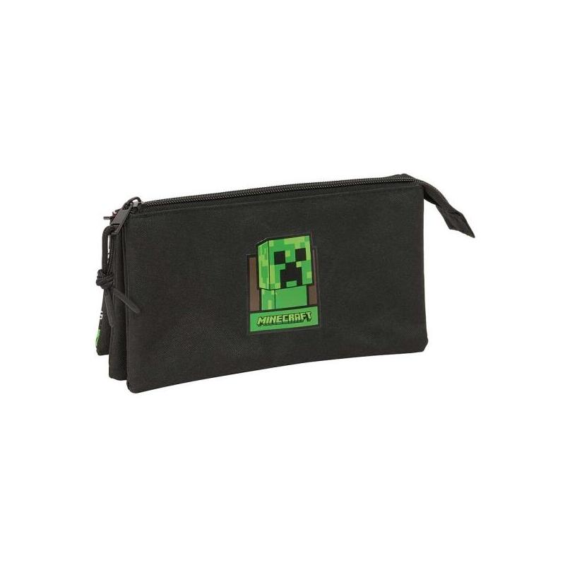 Safta Minecraft Portatodo - 3 Compartimentos Con Cremalleras - Bolsillo Interior - 0.6l - 220x30x120mm - Negro