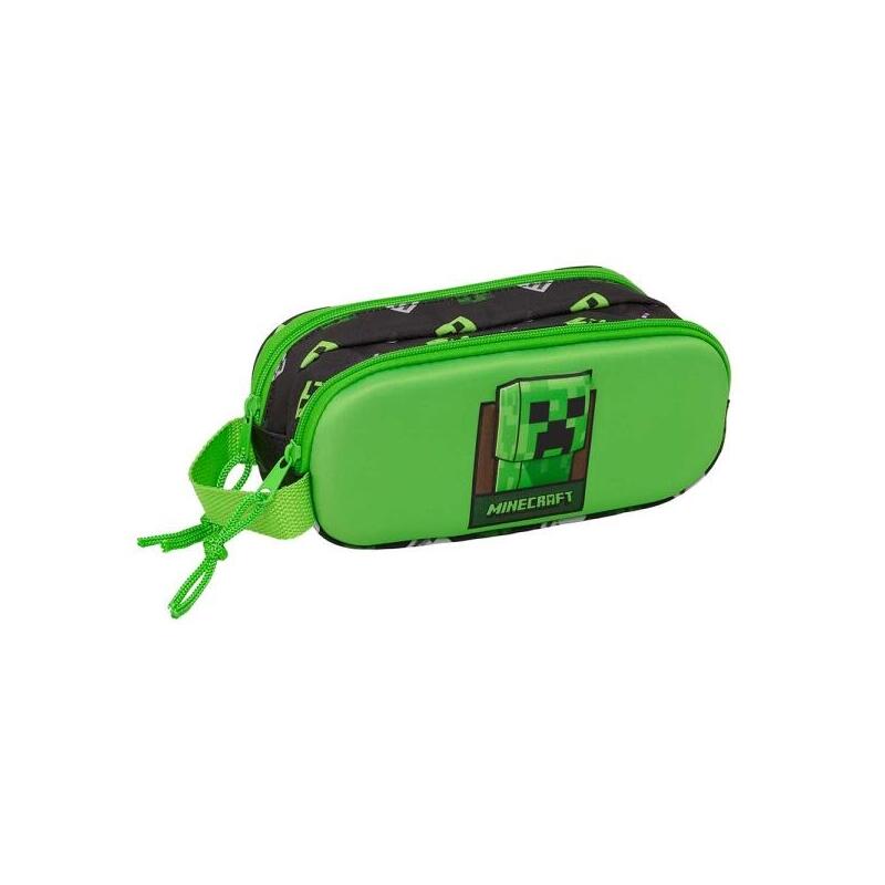 Safta Minecraft Portatodo 3d - 2 Compartimentos Con Cremallera - Asa Lateral - Capacidad 1l - 21x8x6cm - Verde Y