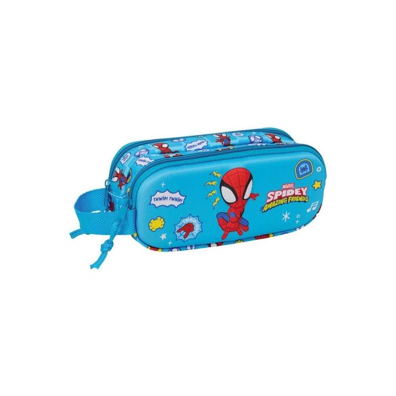 Safta Spidey Portatodo 3d - 2 Compartimentos Con Cremallera - Asa Lateral - Capacidad 1l - 21x8x6cm - Azul