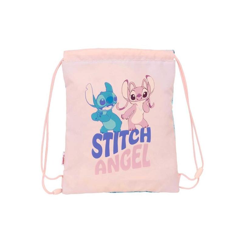 Safta Stitch Ohana Saco Plano - Bolsillo Con Cremallera - Cierre Con Cordones - 3l - 260x10x340mm - Rosa Pastel