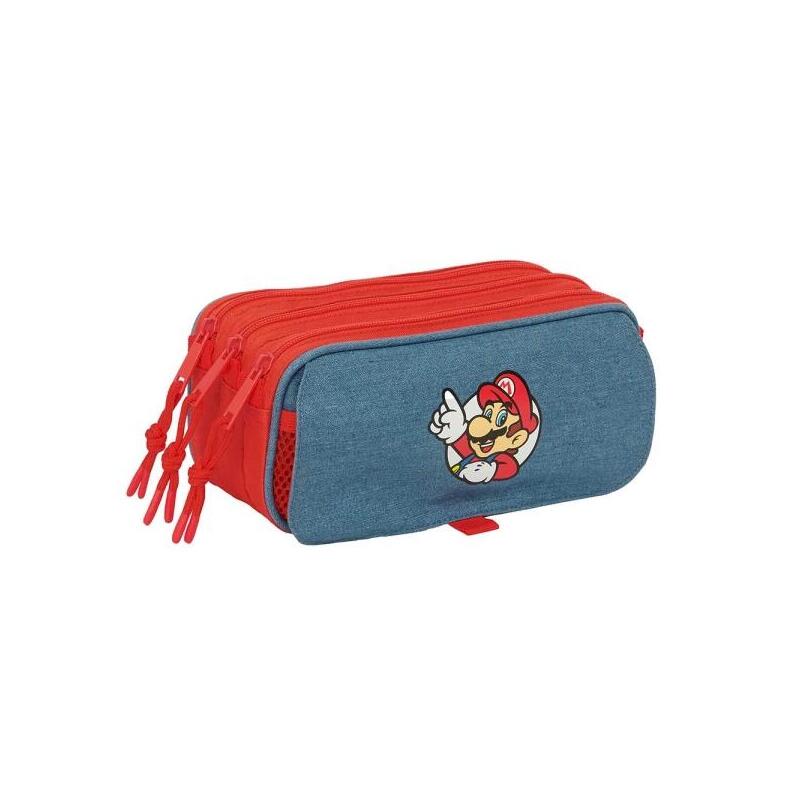 Safta Super Mario Portatodo - 3 Compartimentos Con Cremallera - Cinta Trasera Adaptable - Bolsillo Frontal De Rejilla