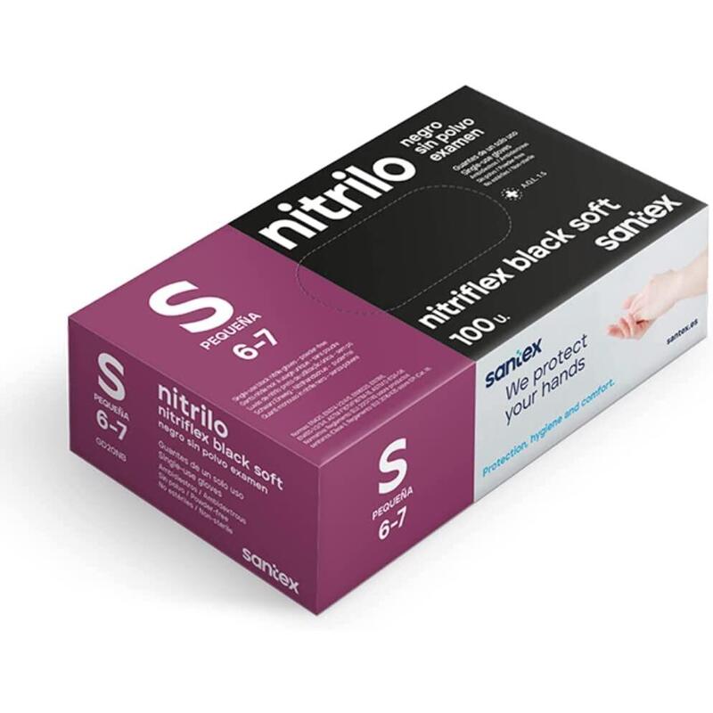 Santex Nitriflex Black Soft Pack De 100 Guantes De Nitrilo Para Examen Talla S - Sin Polvo - Libre De Latex - Ambidiestros - No Esteriles - Color Negro