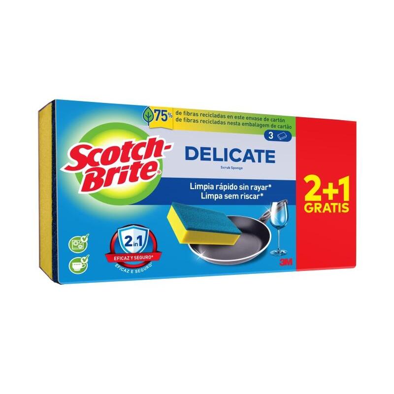 Scotch-Brite Delicate Pack De 3 Estropajos De Cocina - Promocion 2 + 1 Gratis - No Raya - Amarillo