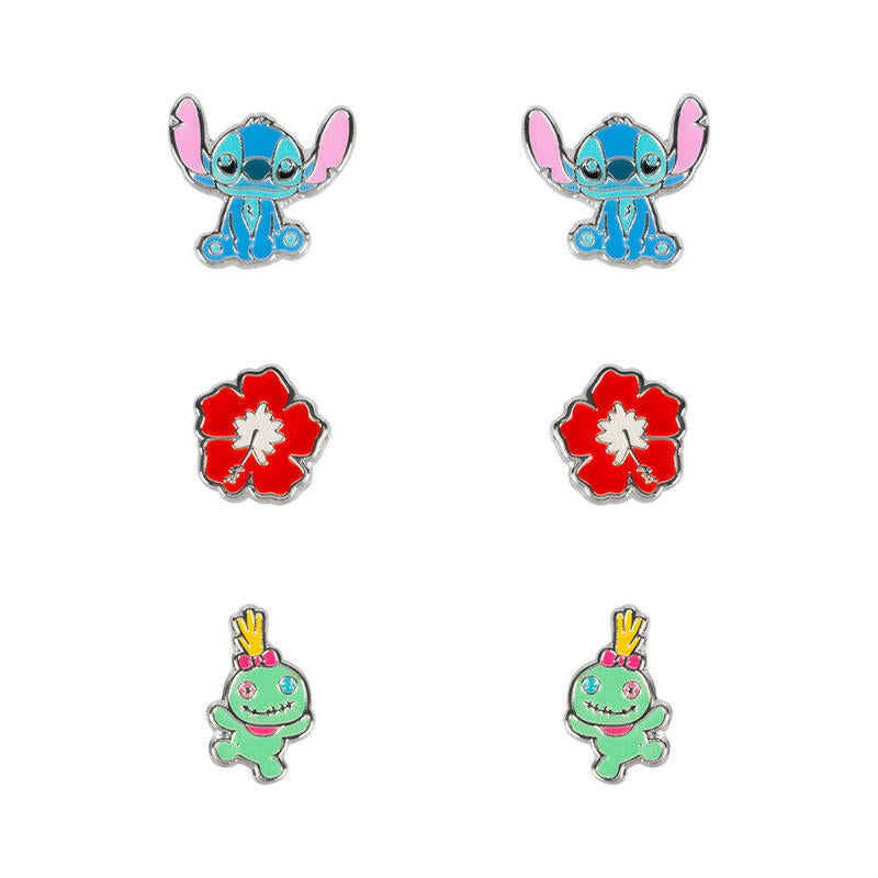 Set 3 Pares De Pendientes Stitch Disney Plata