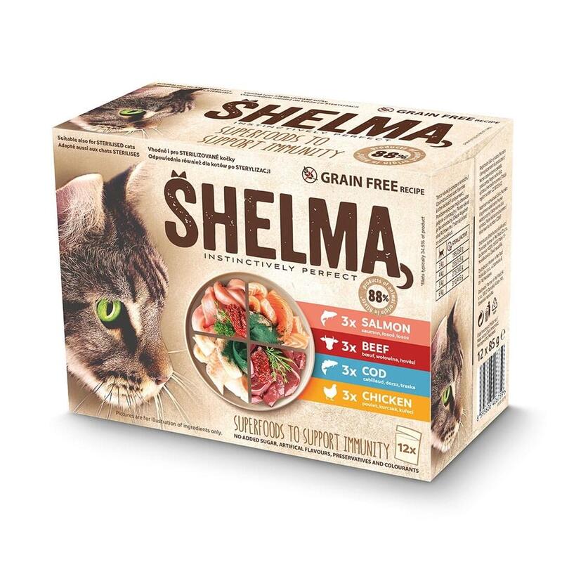 Shelma With Salmon, Cod, Chicken And Beef In Sauce - Comida Húmeda Para Gatos - 12x85g