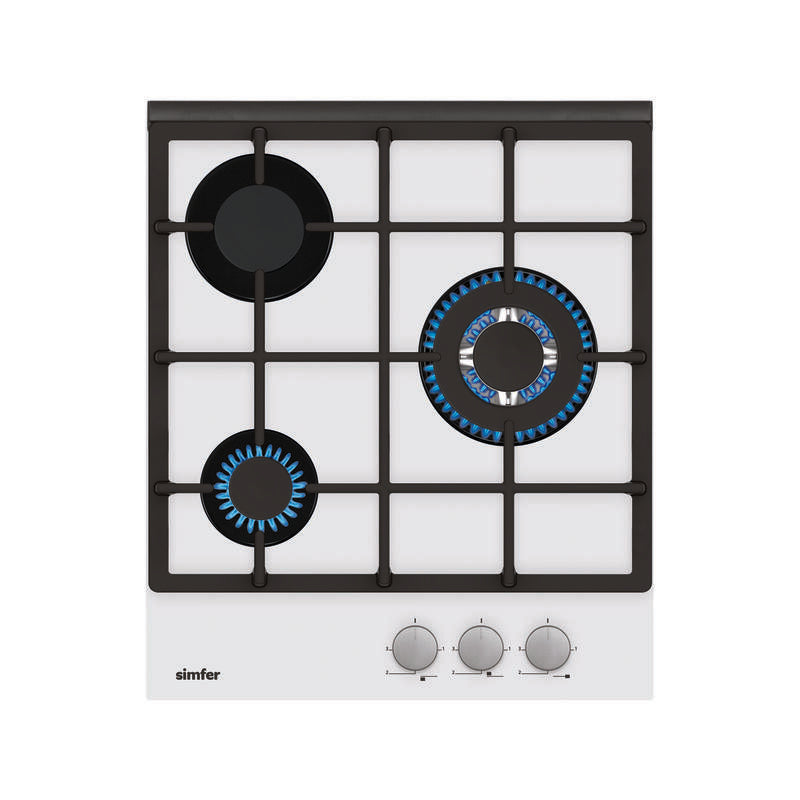 Simfer H4.305.Hgsbb Placa De Cocción A Gas (1 Wok), Ancho 45 Cm, 3 Zonas De Cocción, Control Mecánico, Blanco