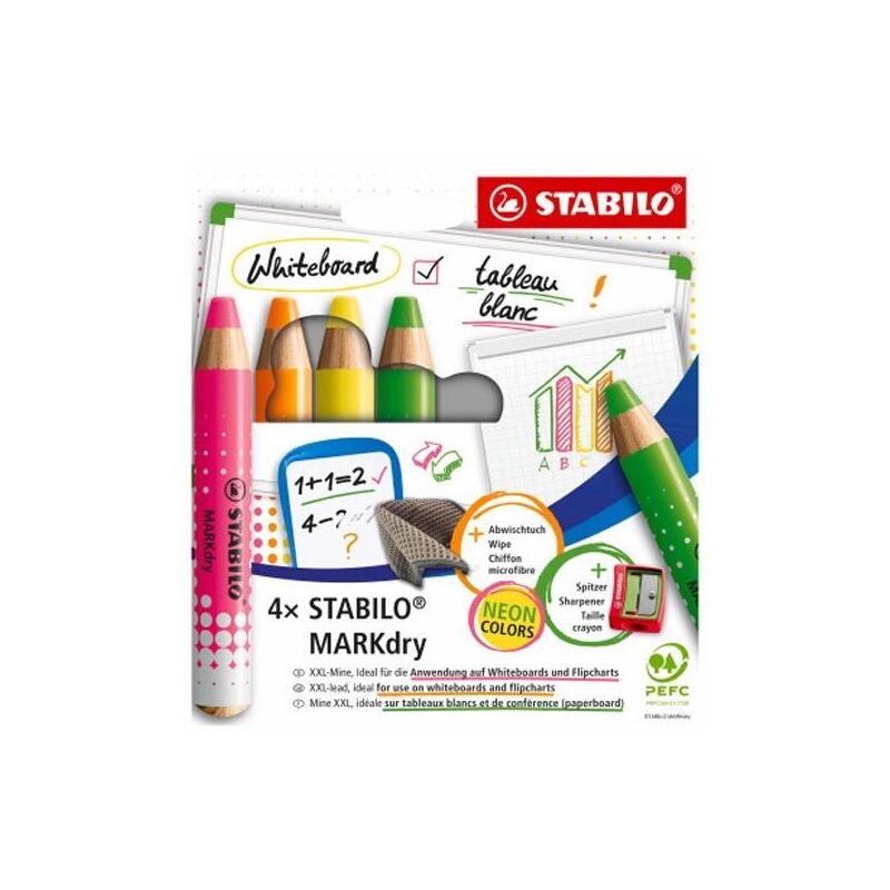Stabilo Marcador En Seco Markdry Neon Para Pizarra Blanca Y De Papel C/Surtidos Estuche 4 Ud