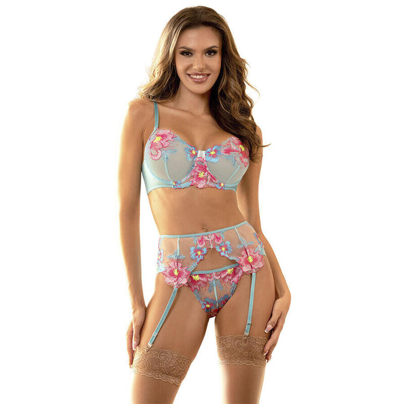 Subblime - 957643 Conjunto Sujetador Y Liguero Con Bordados De Flores Rosas S/M