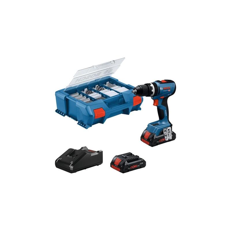 Taladro Bosch Powertools De Impacto Inalámbrico Gsb 18v-65 Professional, 18volt (Azul, 2x Li-Ion Akku 4,0ah, 82-Teiliges Zubehör-Set In L-Case) 06019n3307