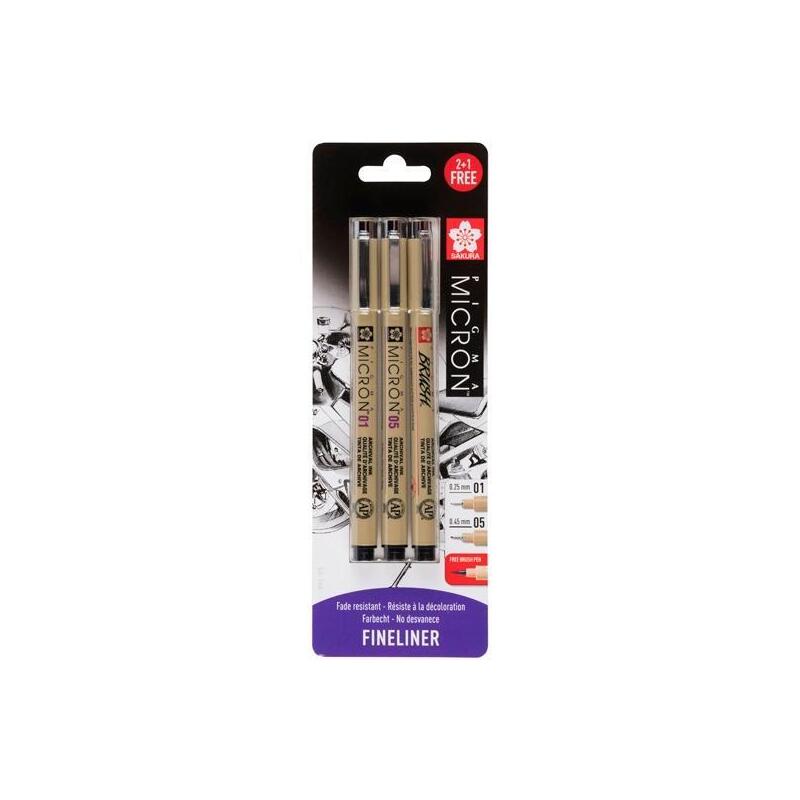 Talens Sakura Estuche 3 Rotuladores Pigma Micron 0,25mm/0,45mm/Brush Negro