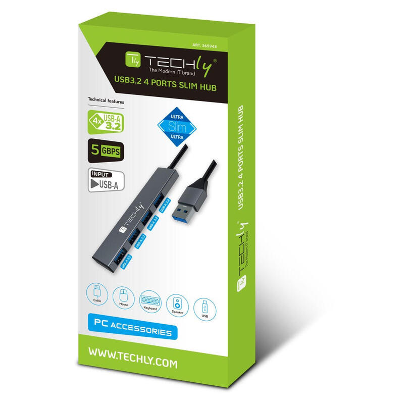 Techly Usb-A 3.2 Hub With 4 Usb-A Ports 5gbps Slim Metal