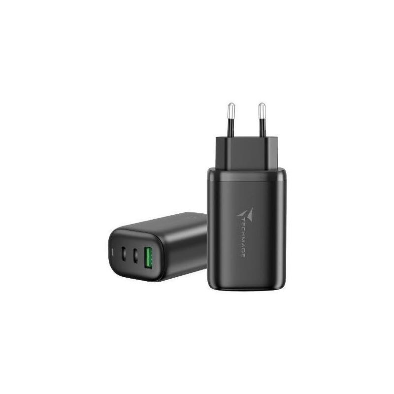 Techmade Charger 3 Ports (Usb+2 Usb-C) 65w Gan Black Tm-P937-Bk