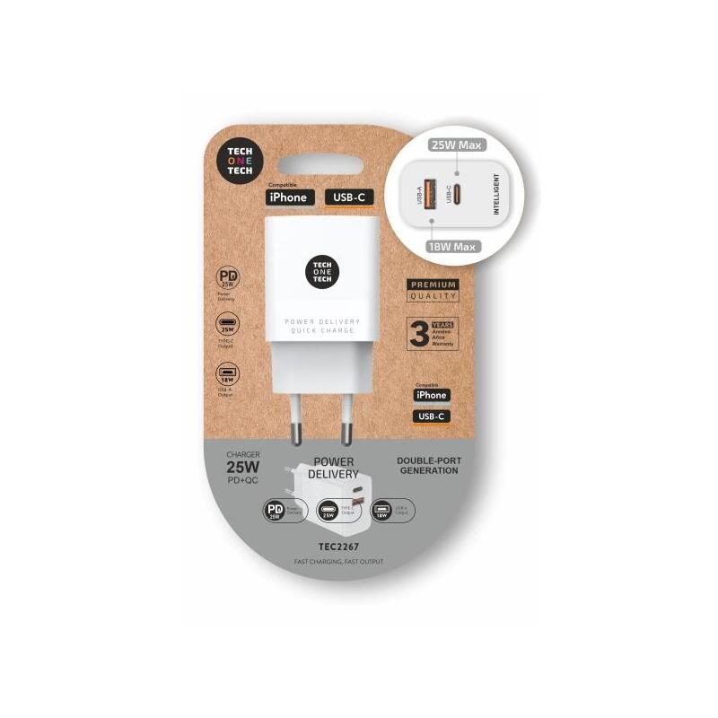 Techonetech Cargador De Pared Pd + Qc 25w 1 Puerto Usb-C 3a + 1 Puerto Usb-A