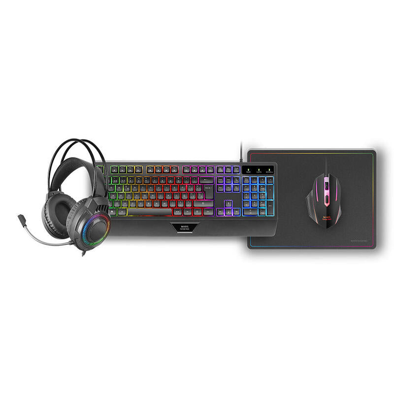 Teclado Mouse Headset Y Alfombrilla Mars Gaming Mcp124profr H-Mech Rgb 3200dpi Negro Frances