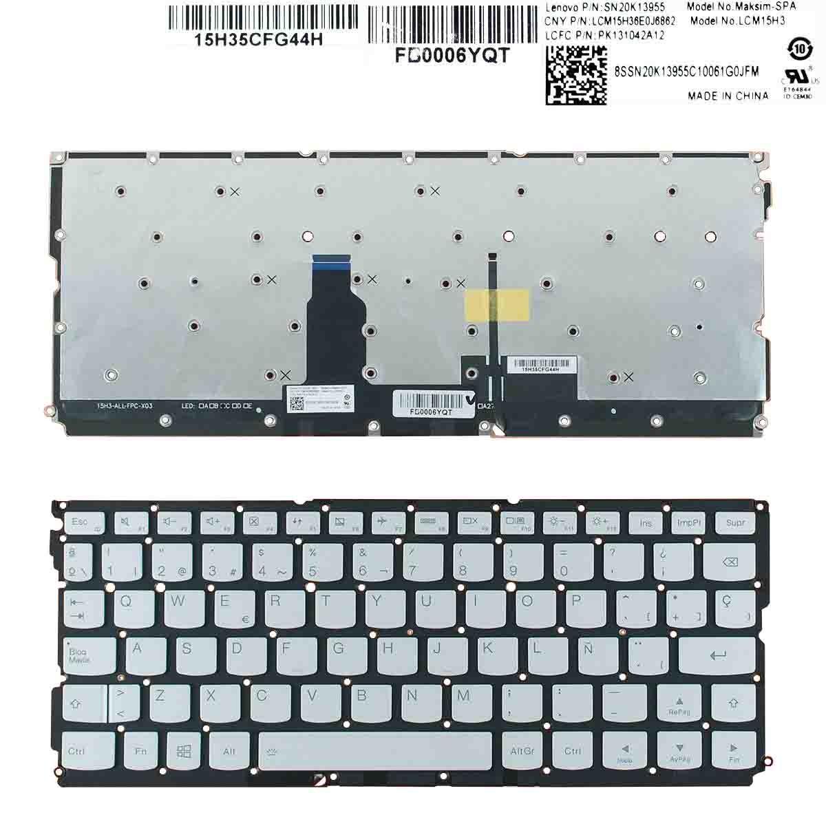 Teclado Retroiluminado Para Portátil Lenovo Ideapad Air 12 Yoga 900S-12Isk Plata Sin Marco