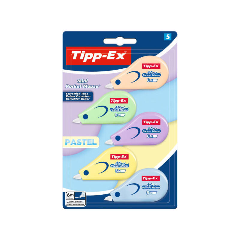 Tipp-Ex Mini Pocket Mouse Pastel Pack Con 5 Cintas Correctoras 5mm X 6m - Resistente - Escritura Instantanea