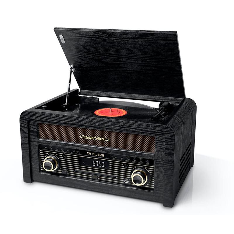 Tocadiscos Muse Mt-115 W Black Wood Con Radio Y Altavoces
