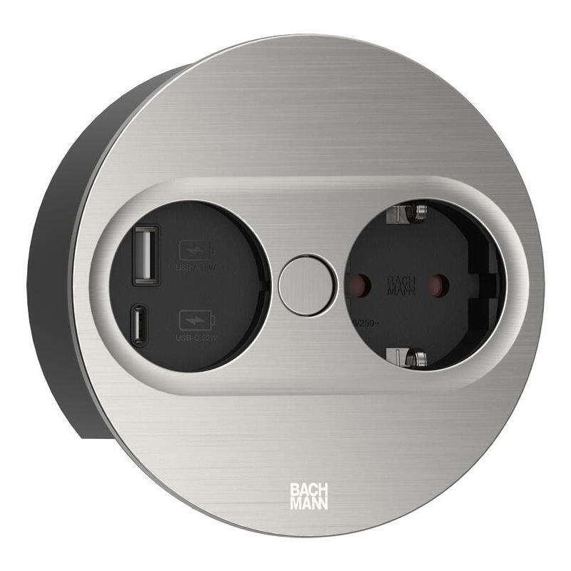 Toma De Corriente Empotrable Bachmann Twist 2, Redonda, De 2 Vías, Cargador Usb De Acero Inoxidable, 1 Contacto De Protección, 1 Usb-A, 1 Usb-C 946004