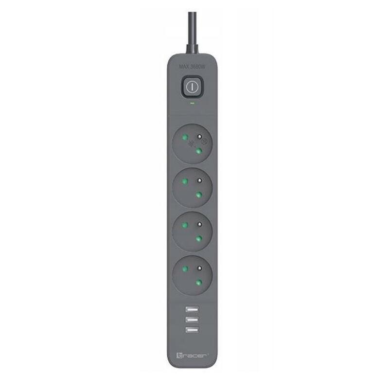 Tracer Surge Protector Power Line+ Mobile Ready 1.5m 4 Sockets + 3x Usb A 5v 2.4a