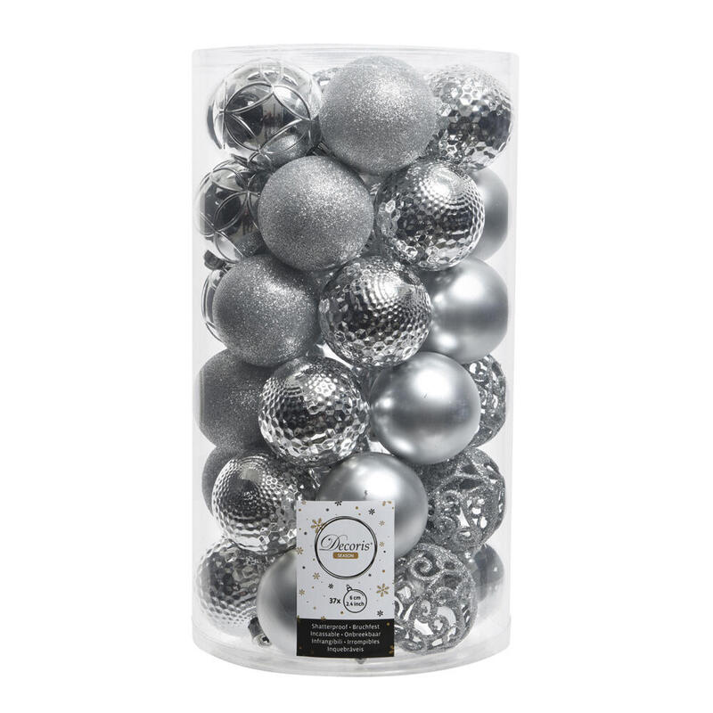 Tubo De 37 Bolas Plateadas Decorativas Para Arbol De Navidad Ø6cm